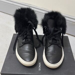 Vince Black Leather Women's Shoes with Fur Trim
